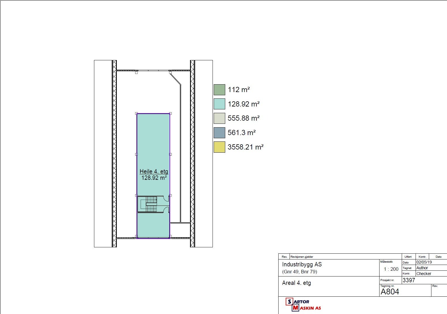 4. etasje er en messanin med åpent ned til 3 etasje.
Estimert areal er ca. 129 kvm. Galleribilde