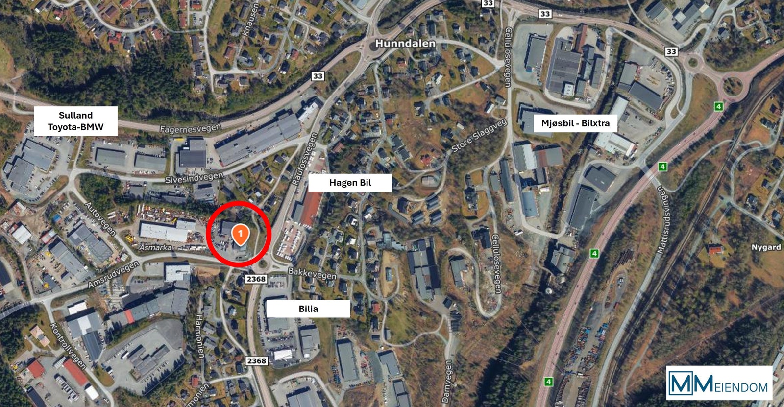 Flyfoto over området, -enkel adkomst i område med mye aktivitet Galleribilde