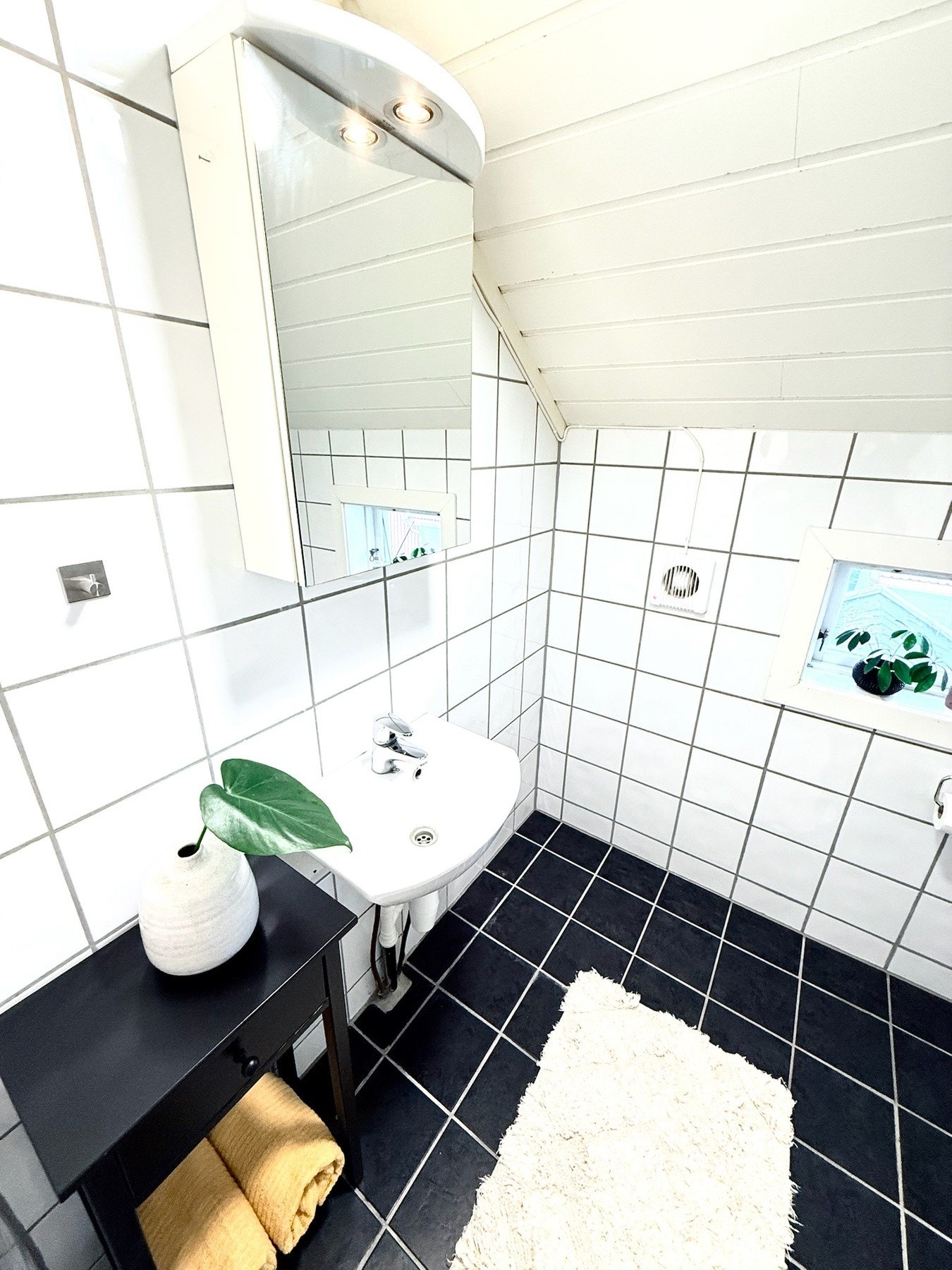 Utstyrt med dusj, toalett, servant og opplegg for vaskemaskin. Galleribilde