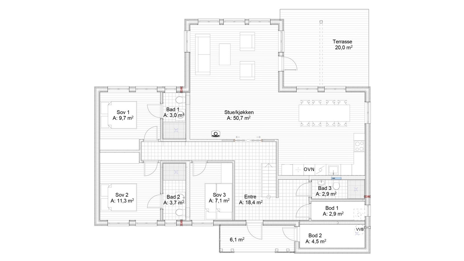 Plantegning 1 .etg med to master soverom med hvert sitt en-suite bad! Galleribilde