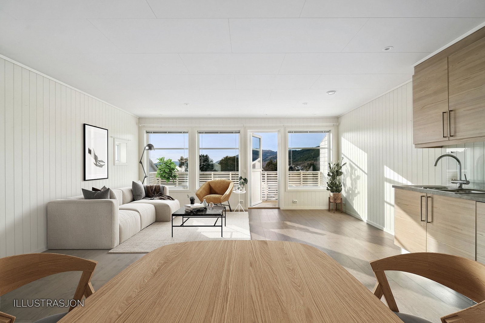 Stue og kjøkken i åpen løsning og vinduer mot vest gir flott naturlig lys i boligen.
Bildet er digitalt møblert. Galleribilde