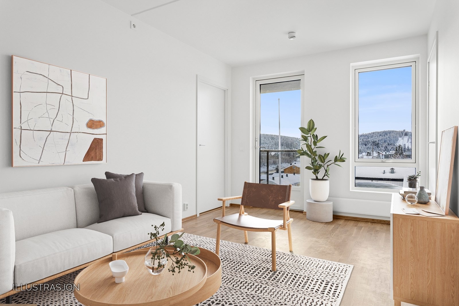 Stuen er lys og tiltalende og har gode møblerings muligheter til både sofa og spisebord. Bildet er stylet digitalt. Galleribilde