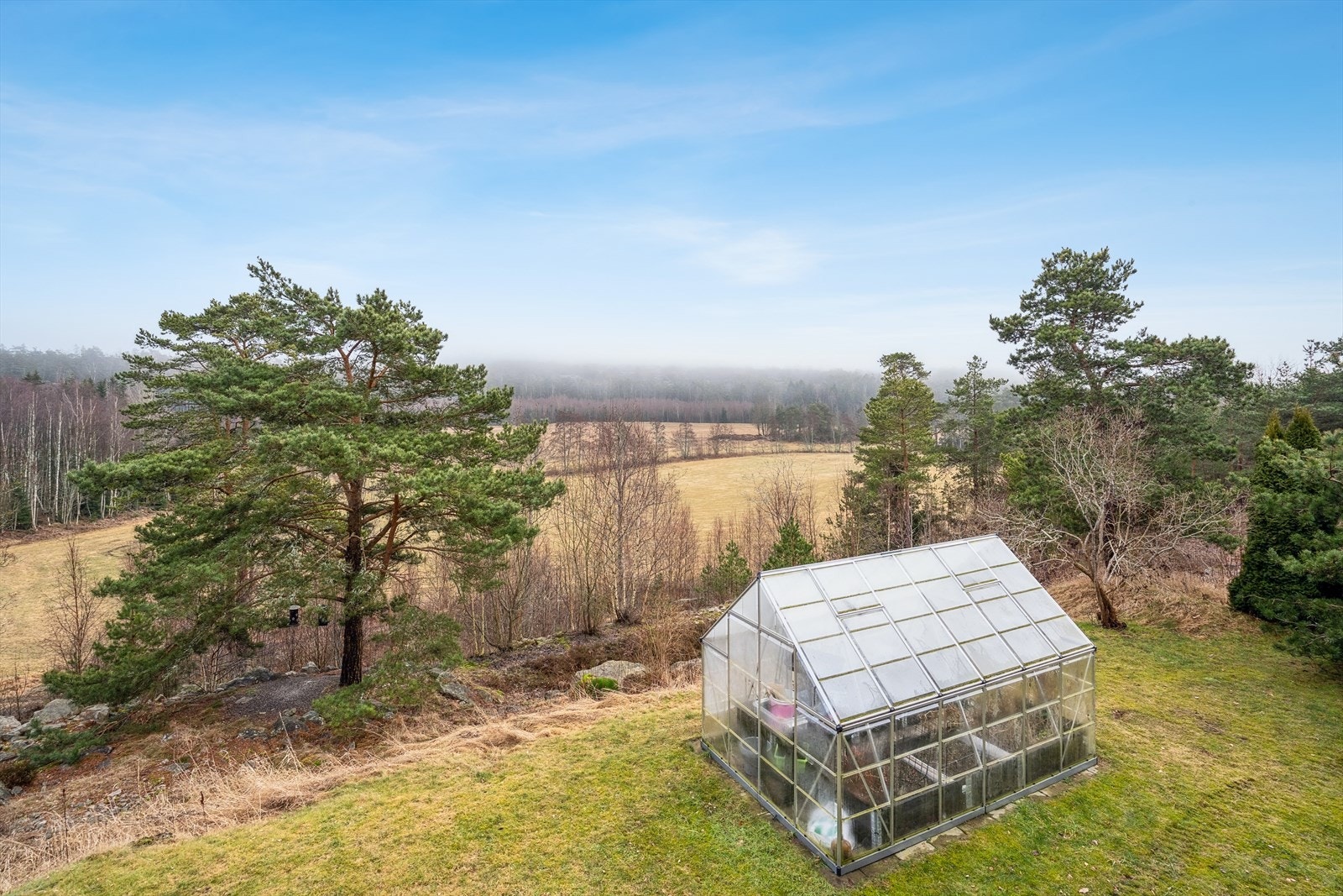 Luftig utsikt over skog og jorder fra terrassen. Galleribilde