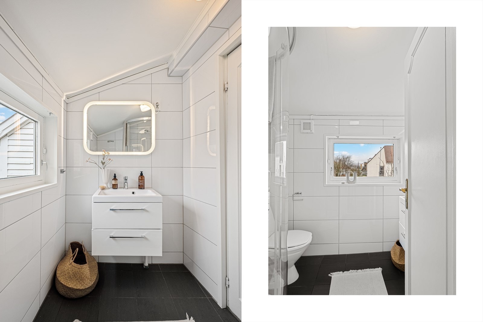 - Innredet med gulvmontert toalett, benkeskap med servant, speil med integrert belysning og dusjkabinett - Galleribilde