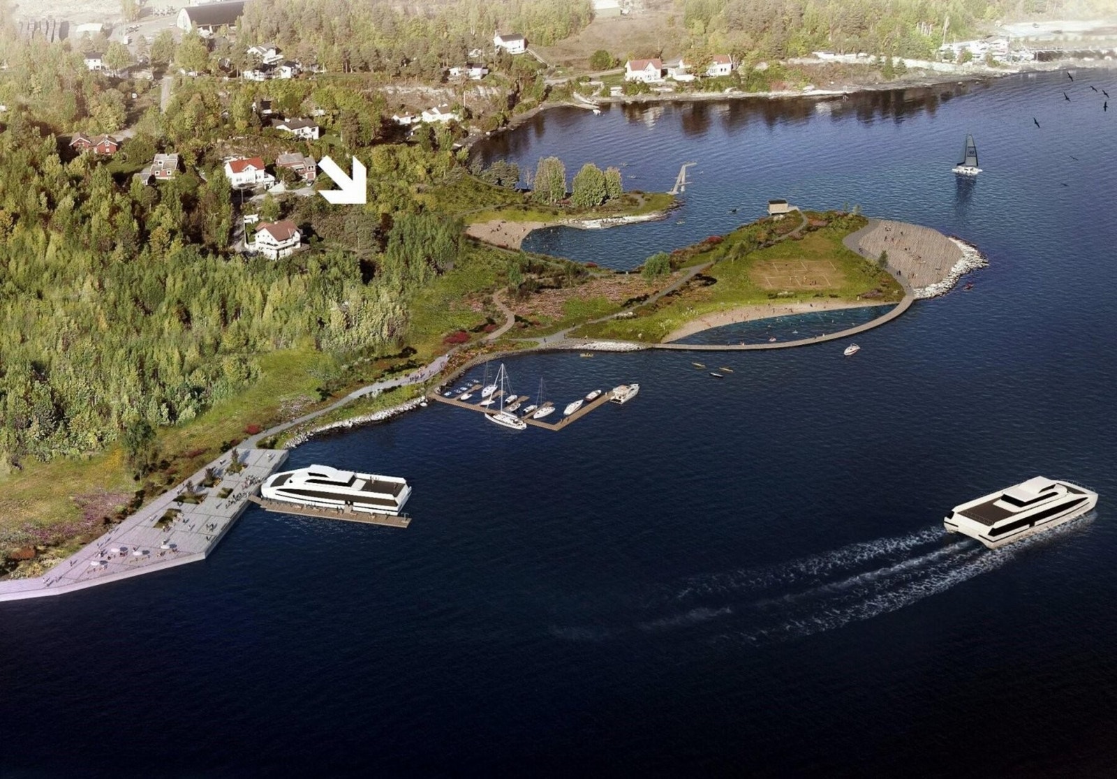 Fra eiendommen kan man spasere til det nye hurtigbåtanløpet på under 2 minutter. Galleribilde