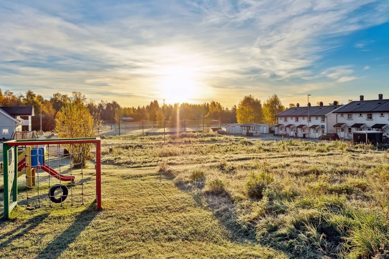 Oversiktsbilde over tomtefeltet, opparbeidet lekeapparat på fellesareal. Galleribilde