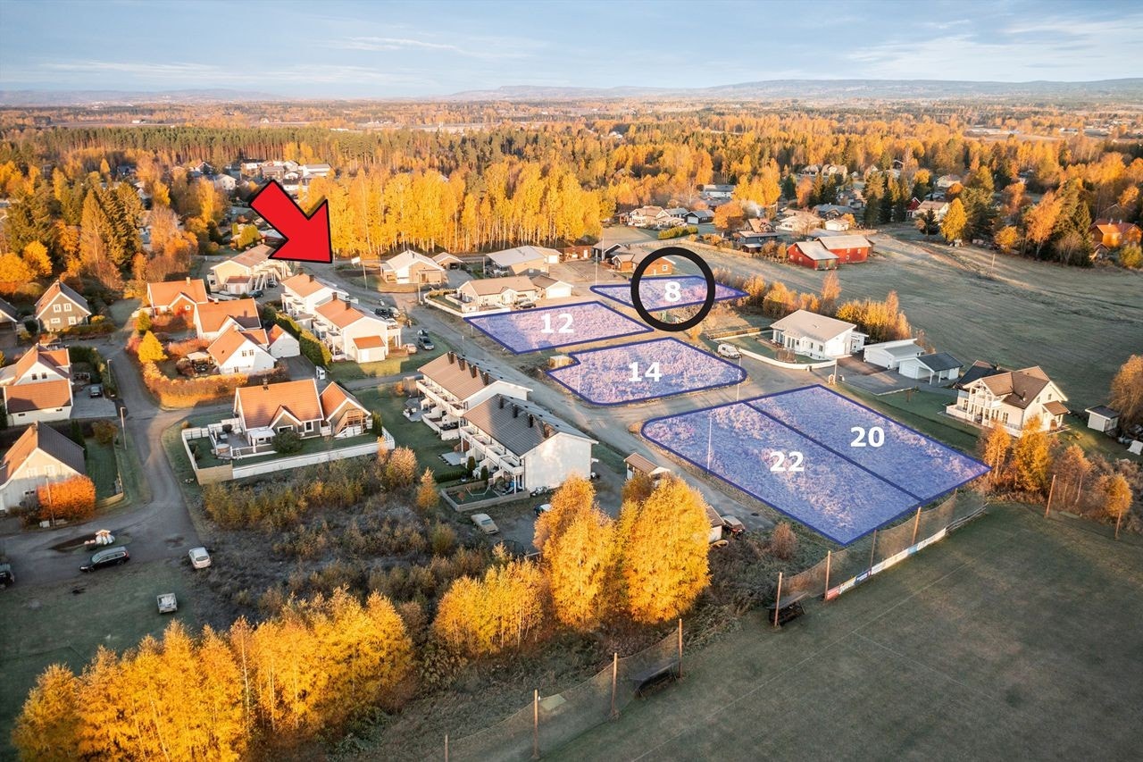 Velkommen til Slipervegen 8-22! Innkjøring til feltet er markert med rød pil. Tomter markert med sort ring er solgt Galleribilde