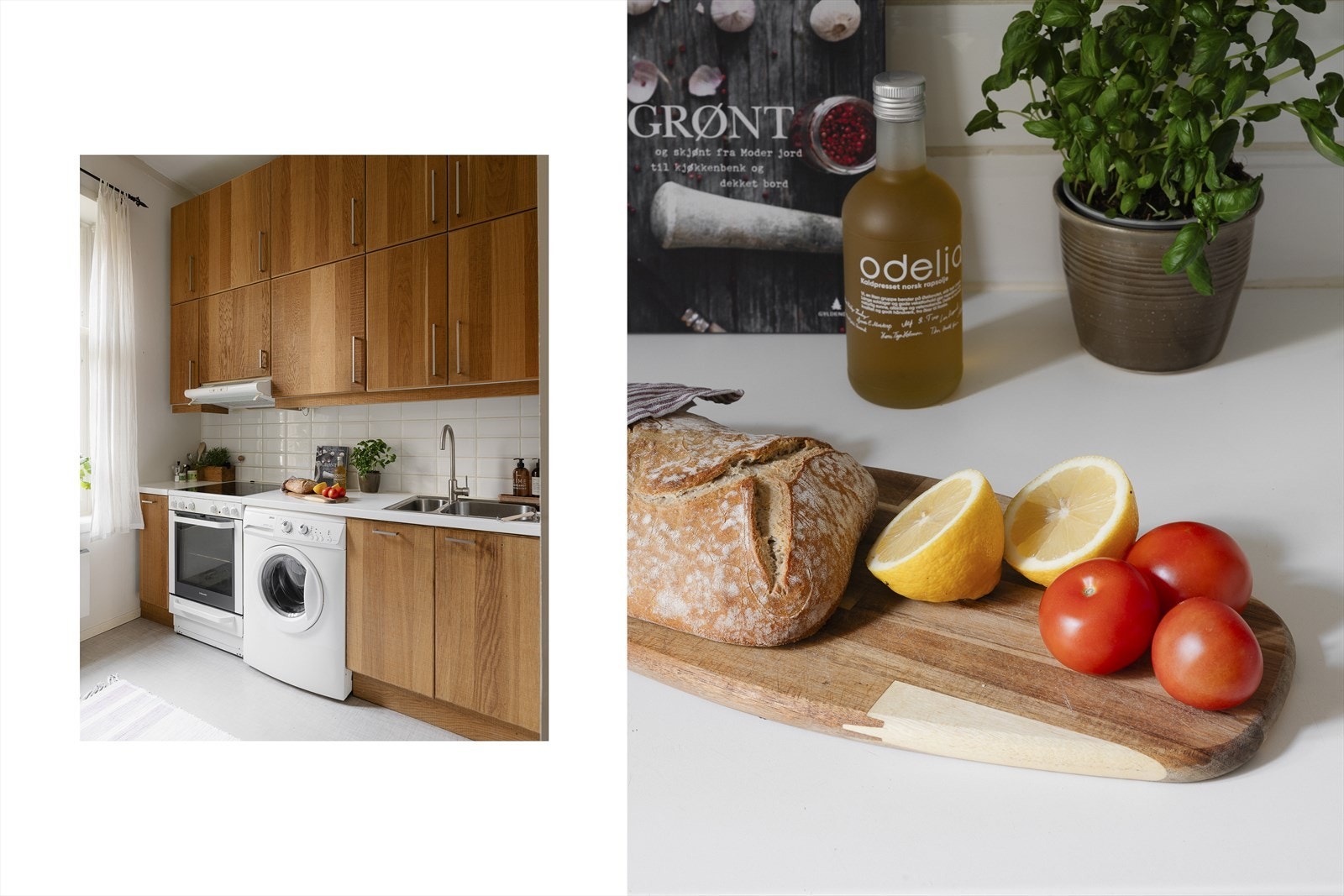 Kjøkkeninnredning fra 2013 med laminerte fronter i trestruktur fra Ikea og laminat benkeplate. Frittstående komfyr med keramisk platetopp, oppvaskmaskin og kjøl/frys. Galleribilde