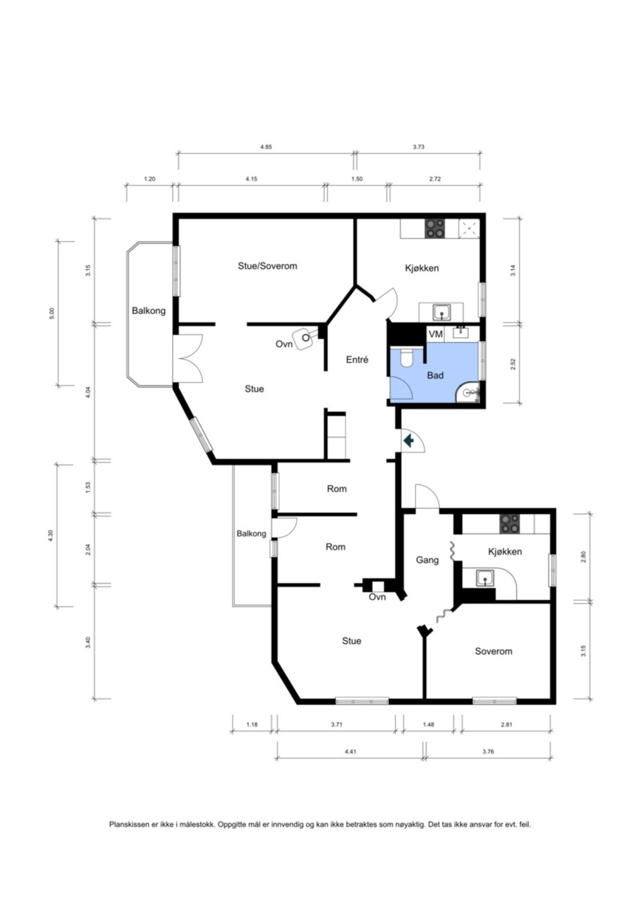 Dagens plantegning (ikke godkjent). Leiligheten strekker seg over hele 2. etasje i bygget. Galleribilde