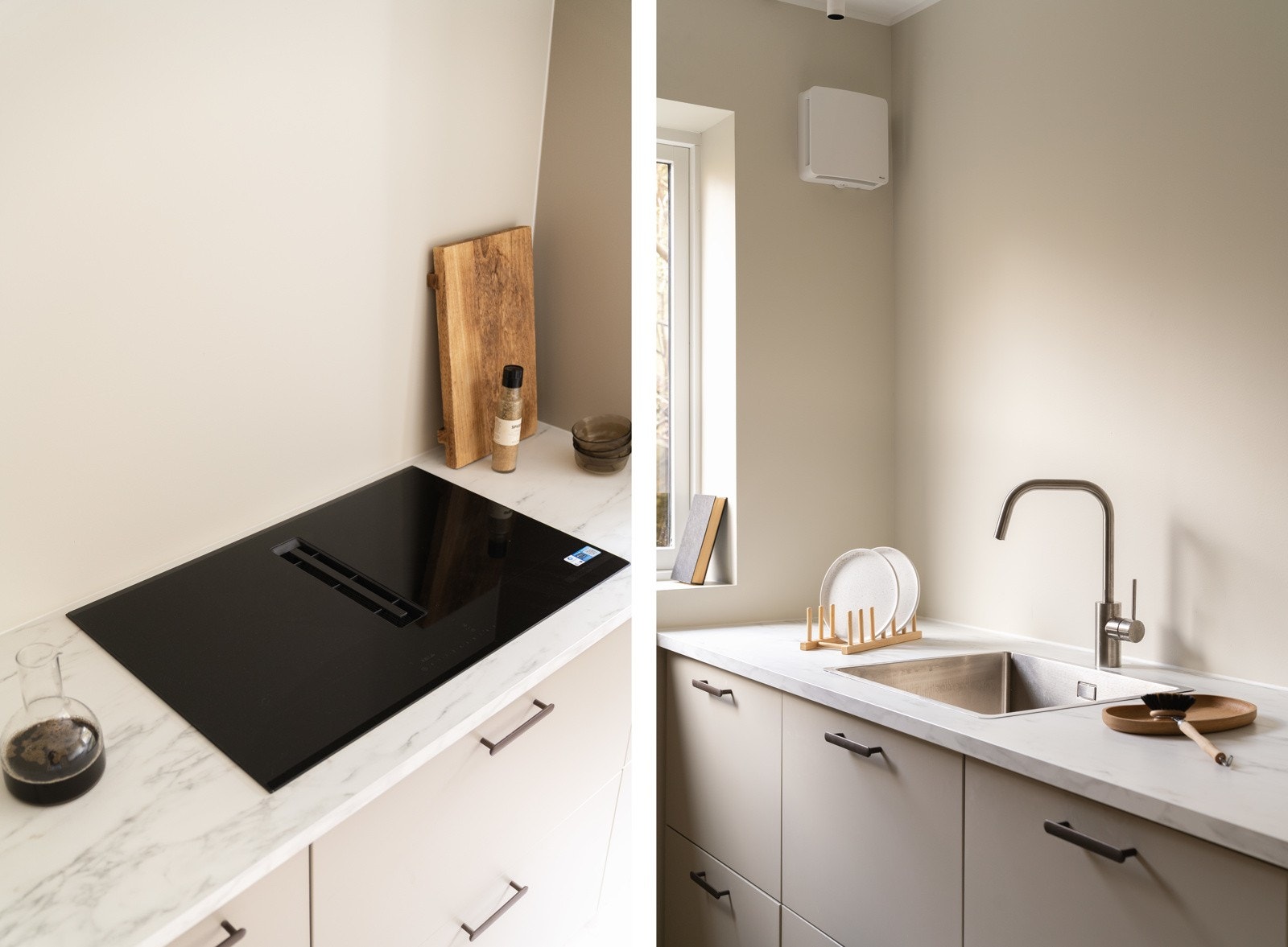 Lekker platetopp med ventilator, samt helt ny romventilator med balansert ventilasjon montert på vegg. Galleribilde