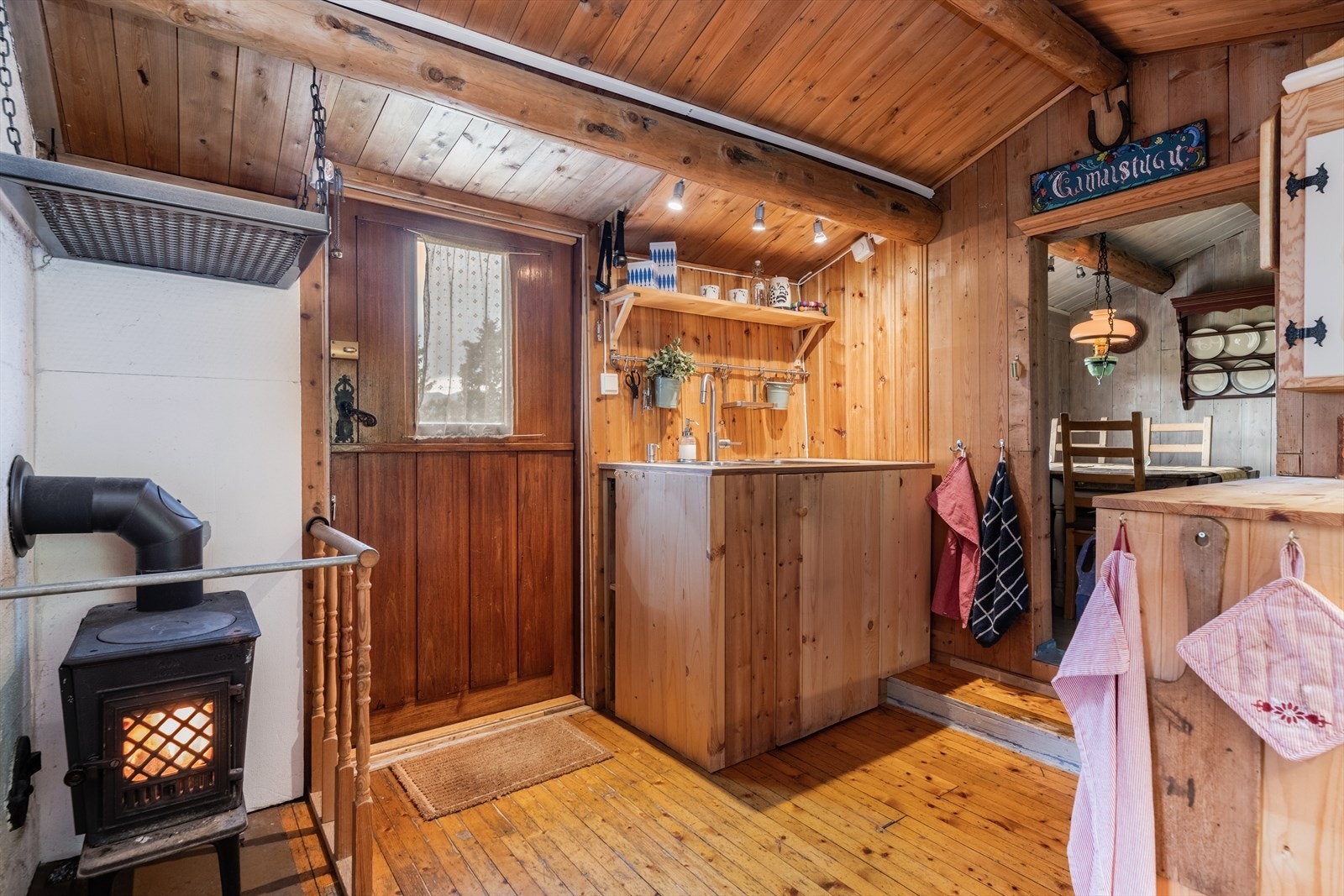 Inngangspartiet til hytta er via en hyggelig og solfylt platting mot vest. Her kommer du inn i hyttas kjøkken. Galleribilde
