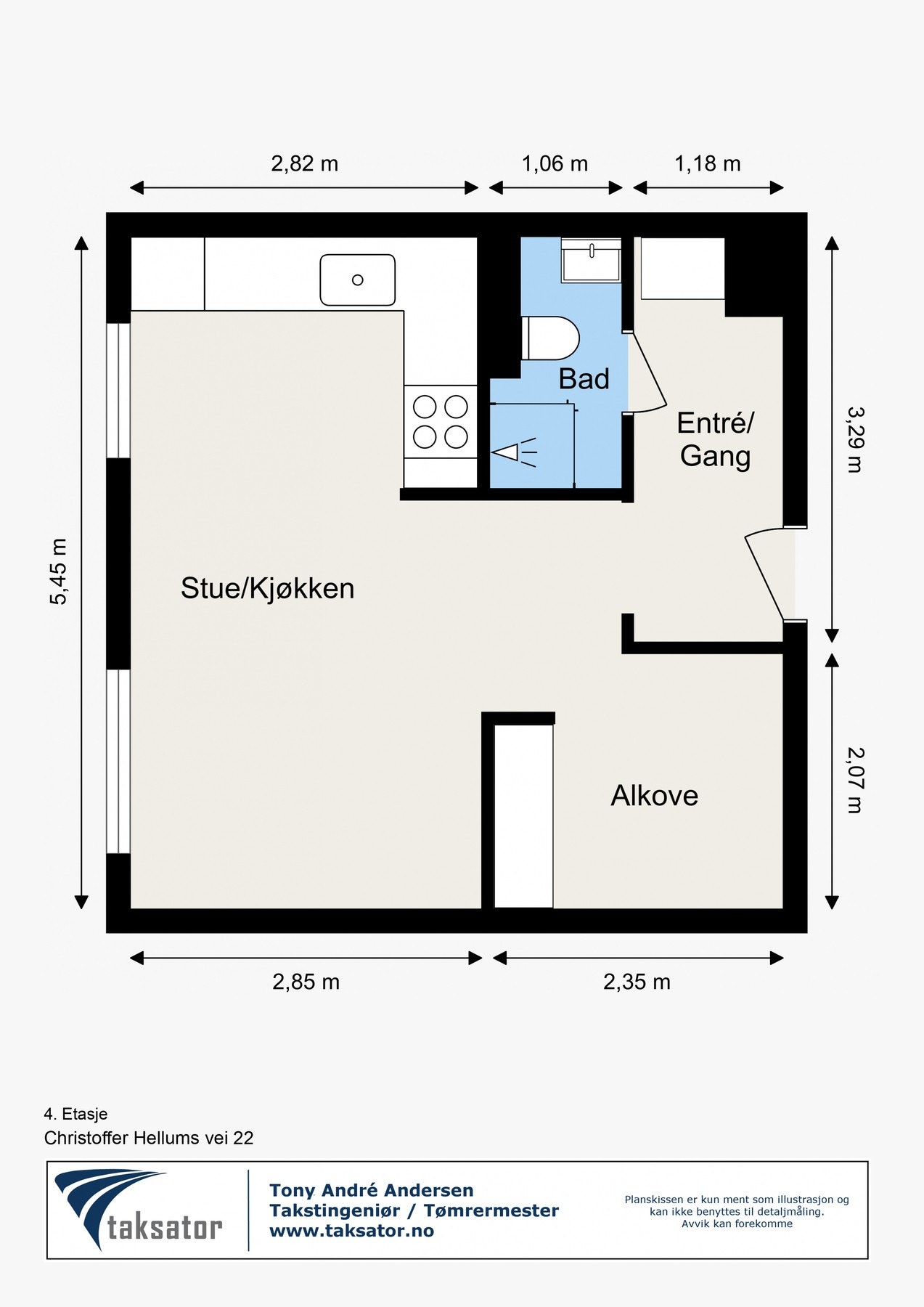 Målsatt plantegning av leiligheten. Den disponerer i tillegg to boder; en på loft og en i kjeller. Galleribilde