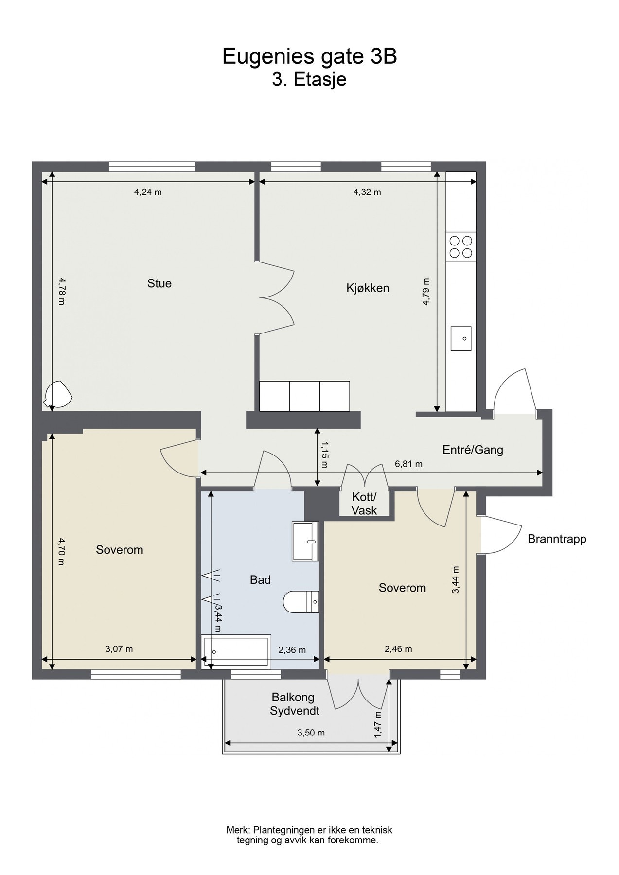 Plantegning. Gjennomgående leilighet med store oppholdsrom, to soverom og spesielt fint lysinnslipp til leiligheten. God internbeliggenhet i 3. etasje. Galleribilde