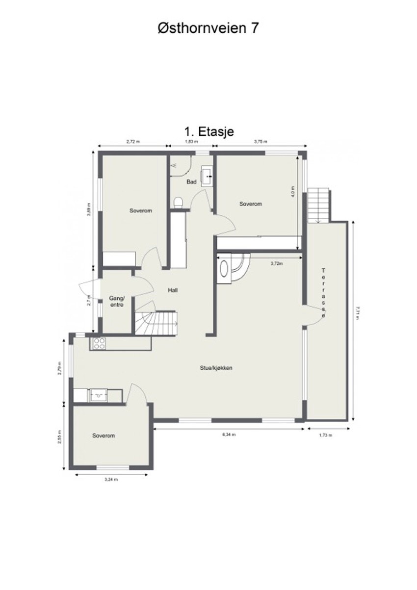 Planskisse 1.etasje: 102 kvm på ett plan, takhøyde 2,55 meter: vindfang, hall med fast trapp til loftsplan, stue/spisestue, kjøkken, 3 soverom, bad, mellomgang med skap. Galleribilde