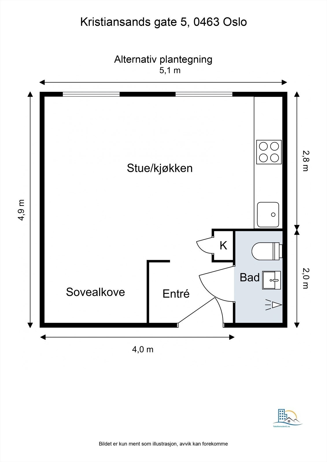 Alternativ planløsning med alkove løsning og gjøre rom for garderobe på den andre siden. Er blitt gjort av flere i bygget med tilsvarende bolig. Galleribilde