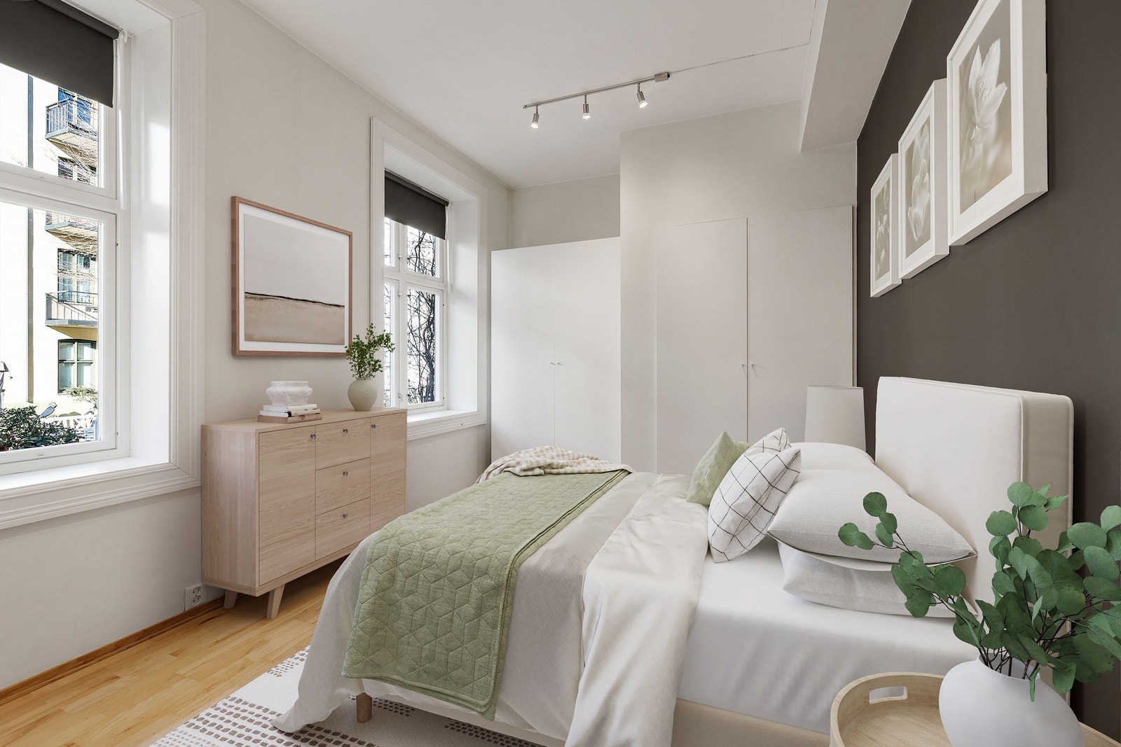 Soverommet har plass til dobbeltseng med tilhørende nattbord og gode oppbevaringsmuligheter i innebygget garderobeskap. (Digital illustrasjon) Galleribilde