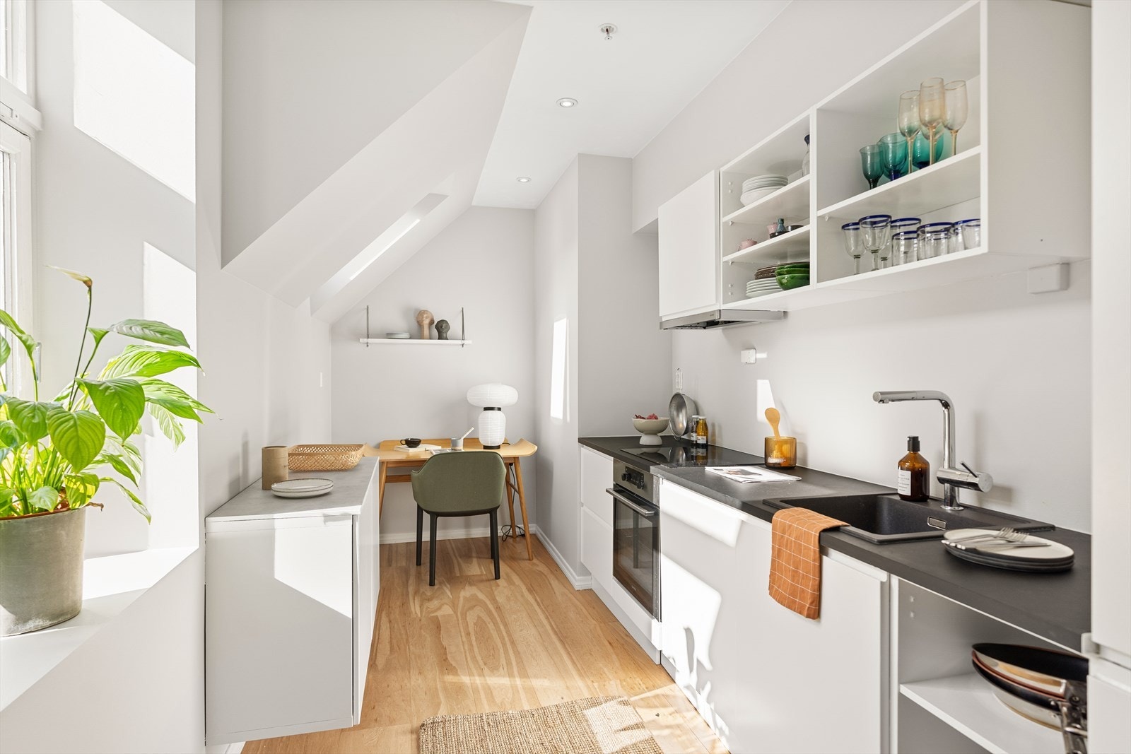 Stekeovn, platetopp med induksjon, oppvaskmaskin og kjøleskap/frys er integrert Galleribilde