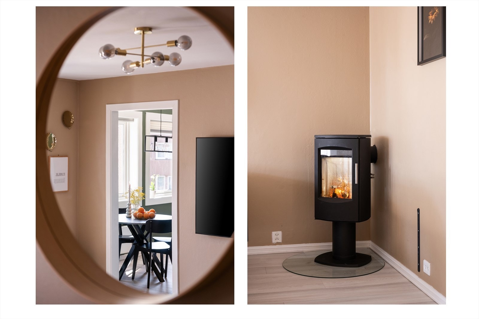 I hjørne av stuen er det en ovn som varmer godt på kalde vinterdager. Galleribilde