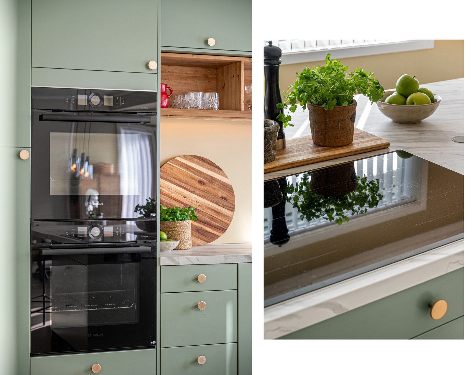 Integrerte stekeovner (en med pyrolyse og en med damp), platetopp, oppvaskmaskin, samt kjøleskap Galleribilde