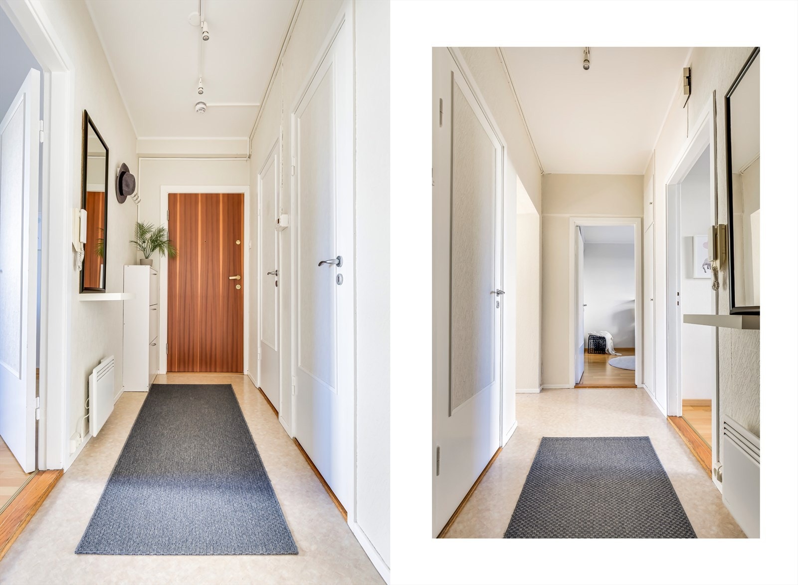 Fra entré er det direkte tilgang til bad, toalettrom, begge soverommene og stuen Galleribilde