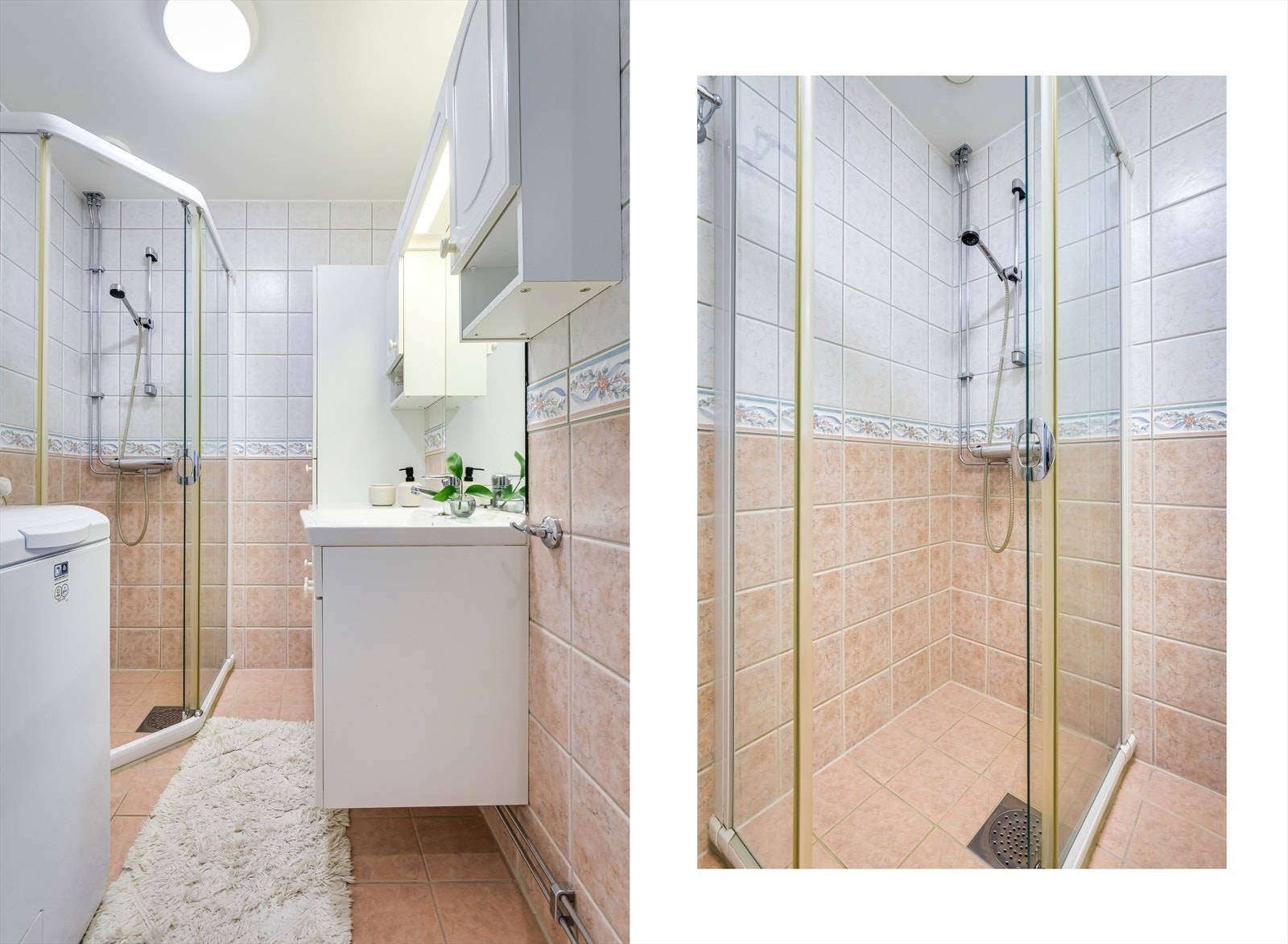 Badet består av servant med underskap, høyskap, overskap, speil med lys over, og dusjhjørne med skyvedører Galleribilde