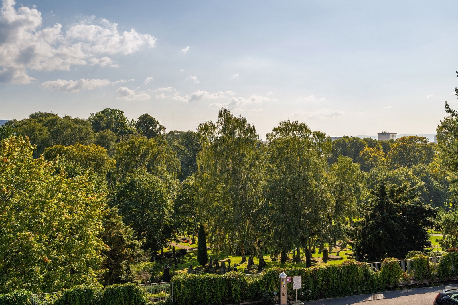 Fra kjøkkenet har man vid utsikt ned til den vakre Æreslunden på Vår Frelsers Gravlund. Galleribilde