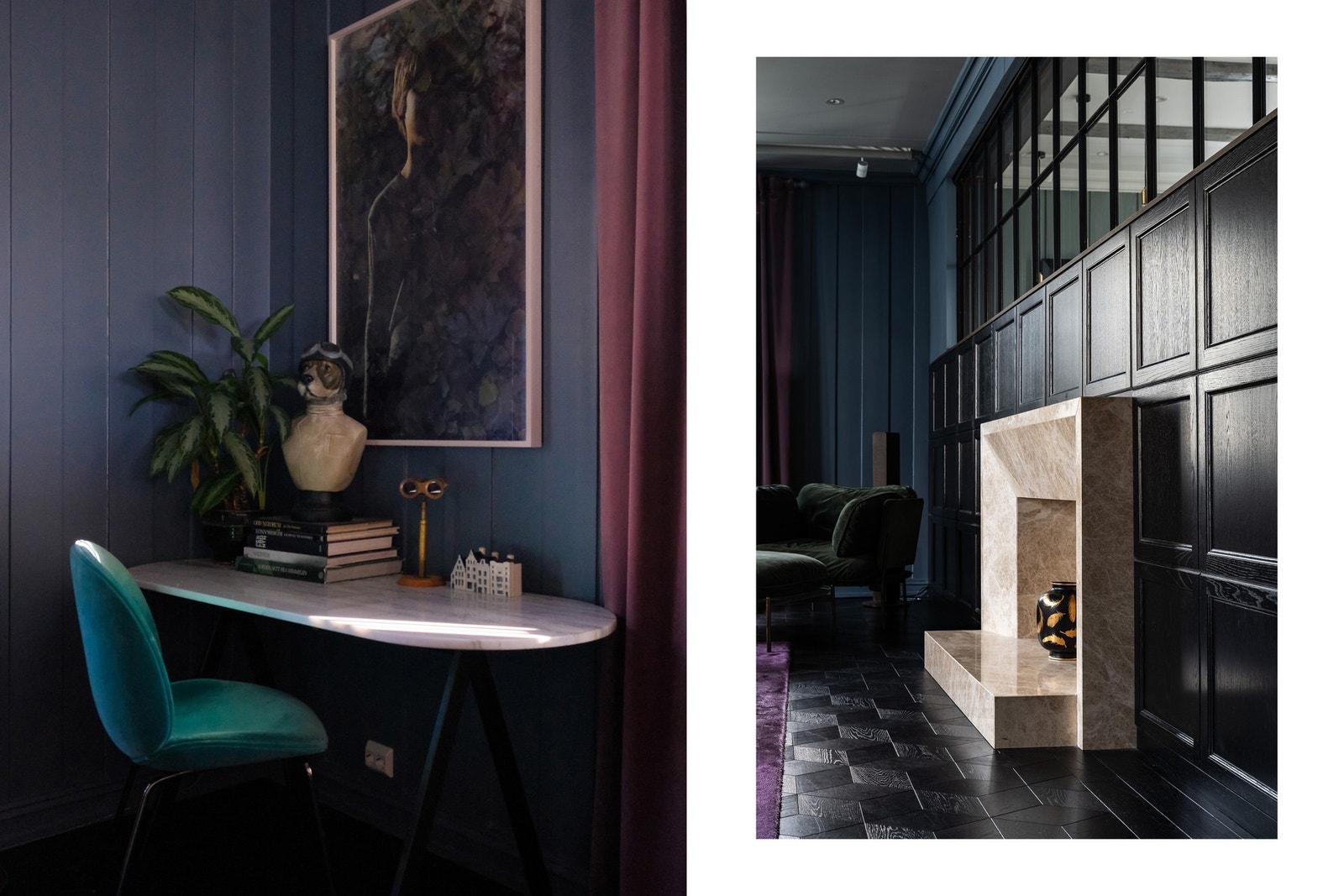 Panelveggen bak den spesialdesignede, danske dekorpeisen skjuler praktiske skap for oppbevaring, inklusive et barskap. Galleribilde