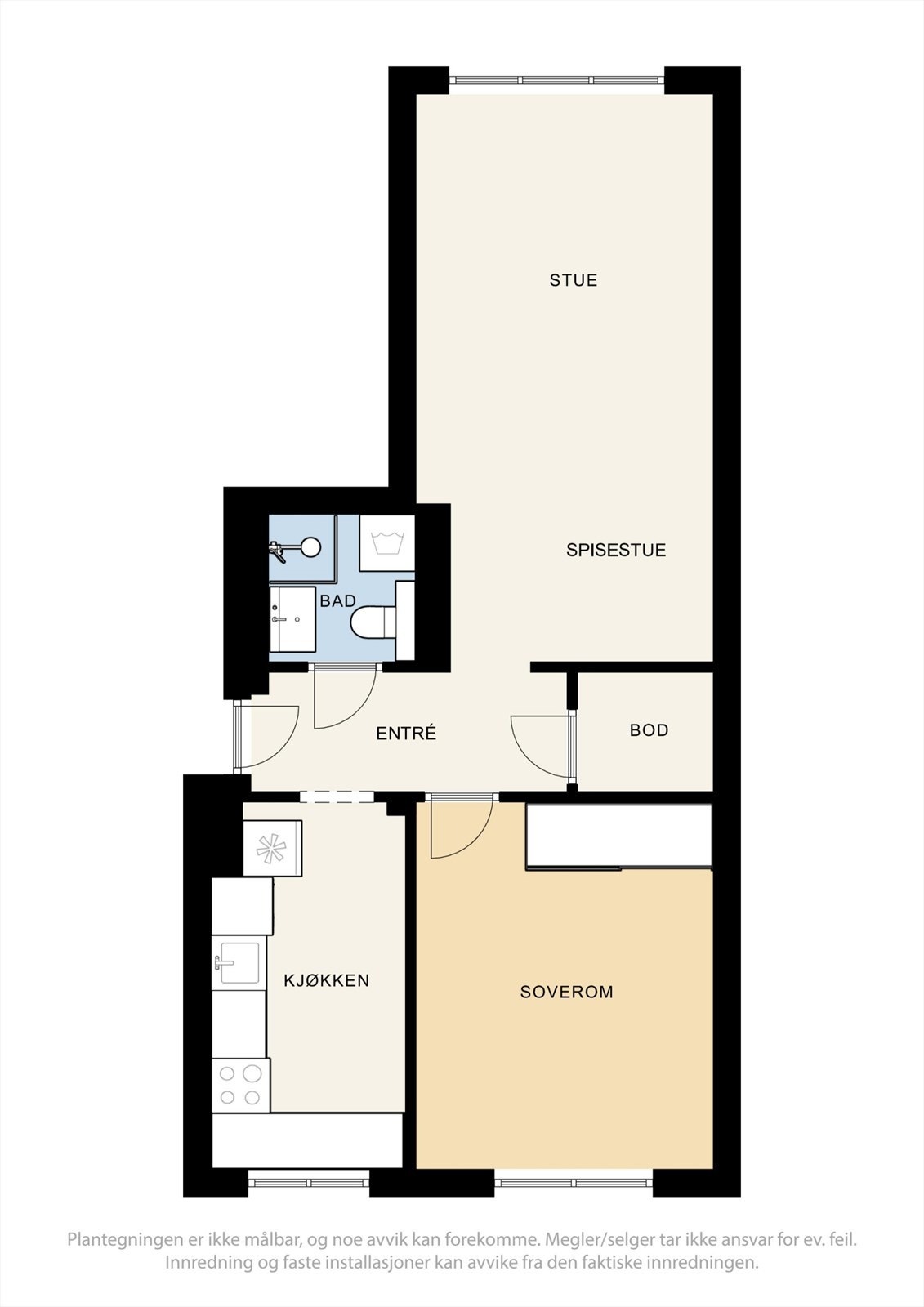 Planløsningen er effektiv der boligens 53 kvm er godt utnyttet. Lignende leiligheter i borettslaget har bygget om boligen til en 3-roms ved å flytte kjøkkenet ut i stuen. Galleribilde