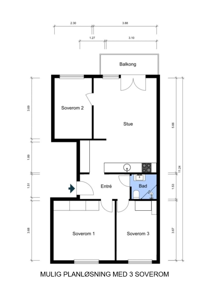 Alternativ planløsning med 3 soverom. Galleribilde