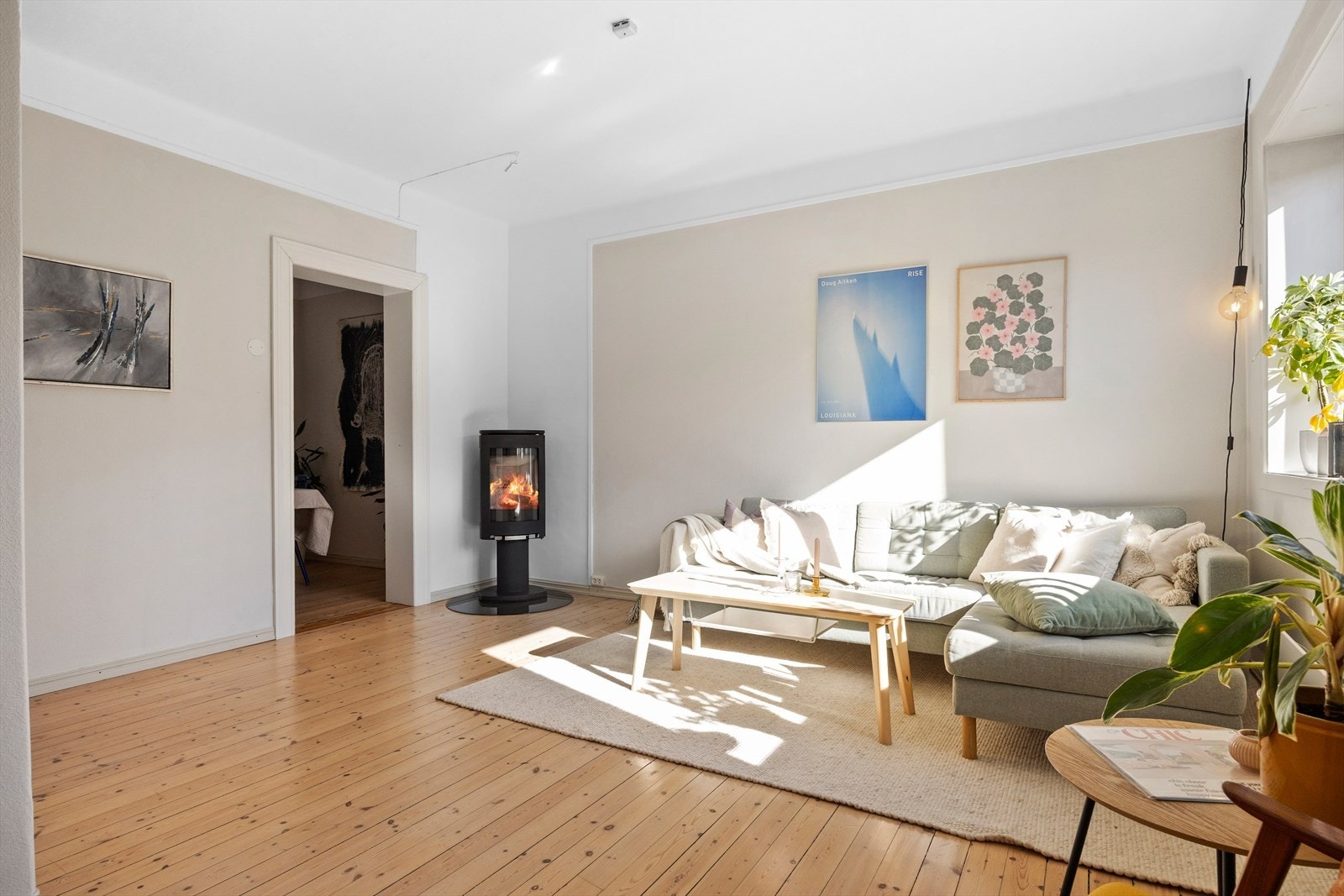 Delikate fargevalg i kontrast med tregulv og en lun og moderne peis. Galleribilde