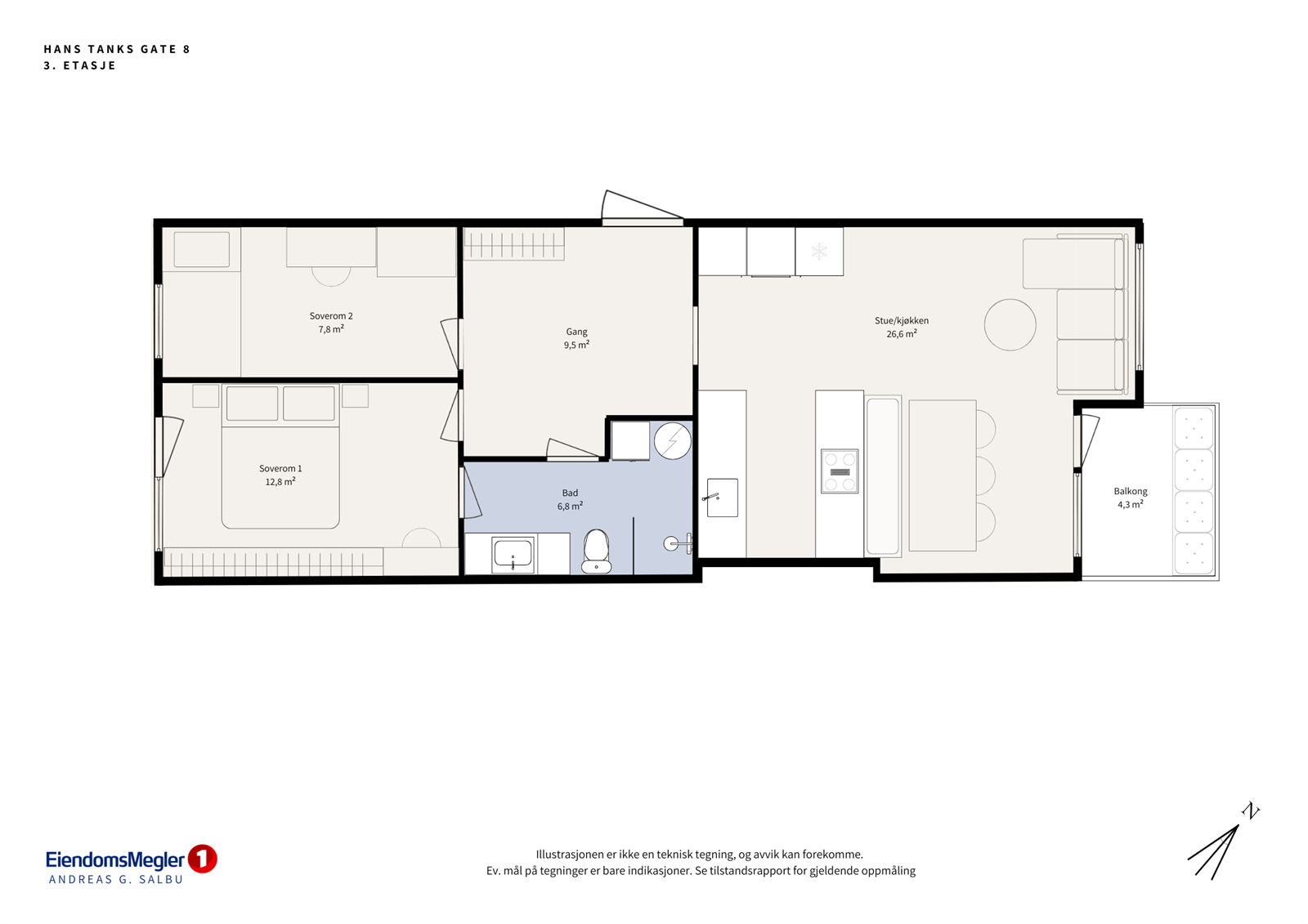 Leiligheten ligger i byggets 3. etasje, og har balkong ut mot bakgården. Galleribilde