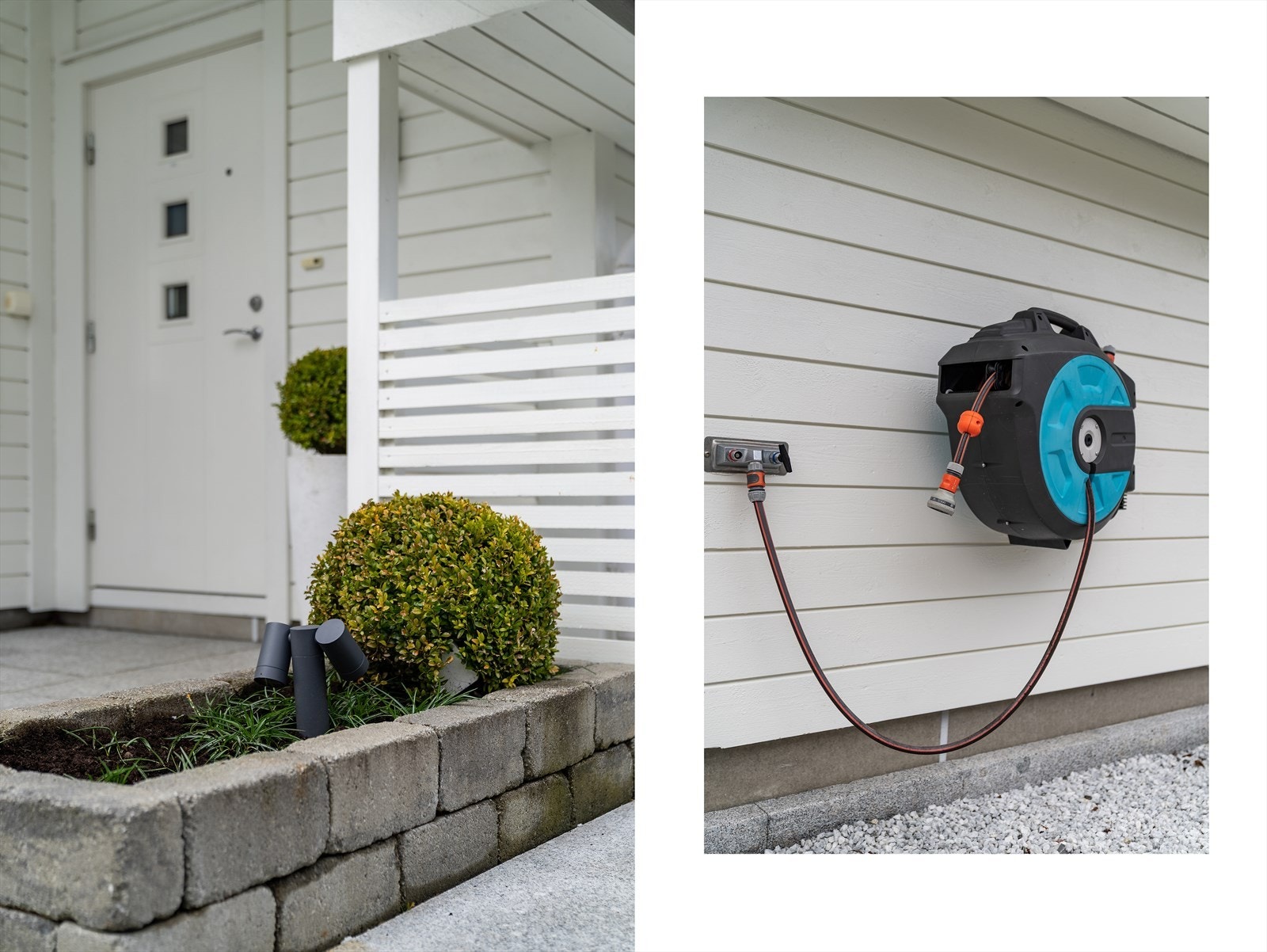 - Vakre stenbed, stauder og utekran (kaldt- og varmtvann) med slangetrommel - Galleribilde