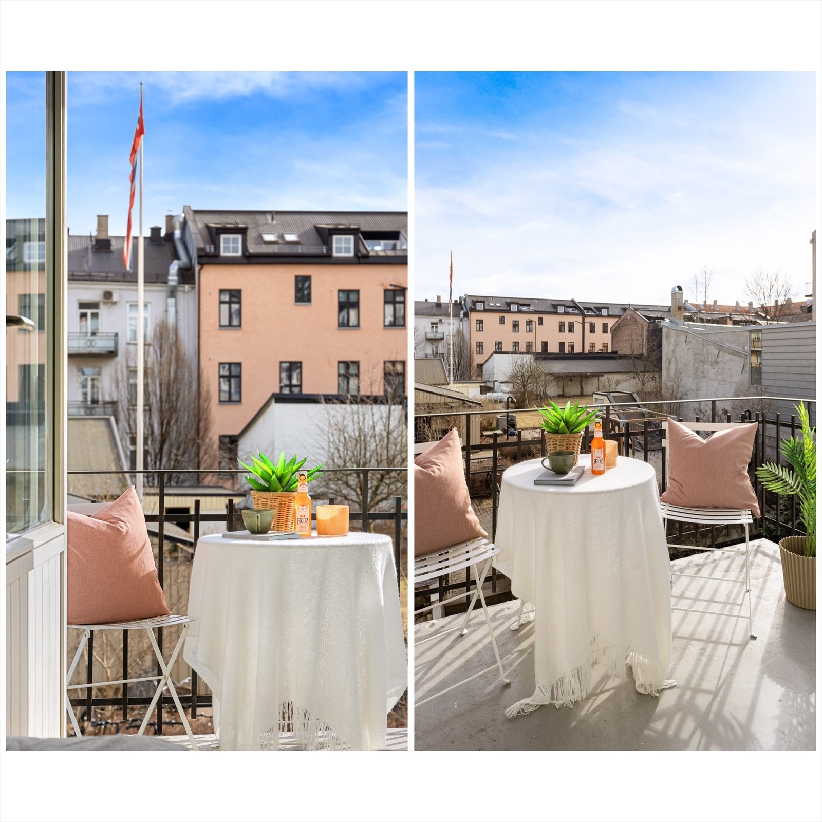 Hyggelig utsyn fra balkong mot en pent opparbeidet bakgård. Galleribilde