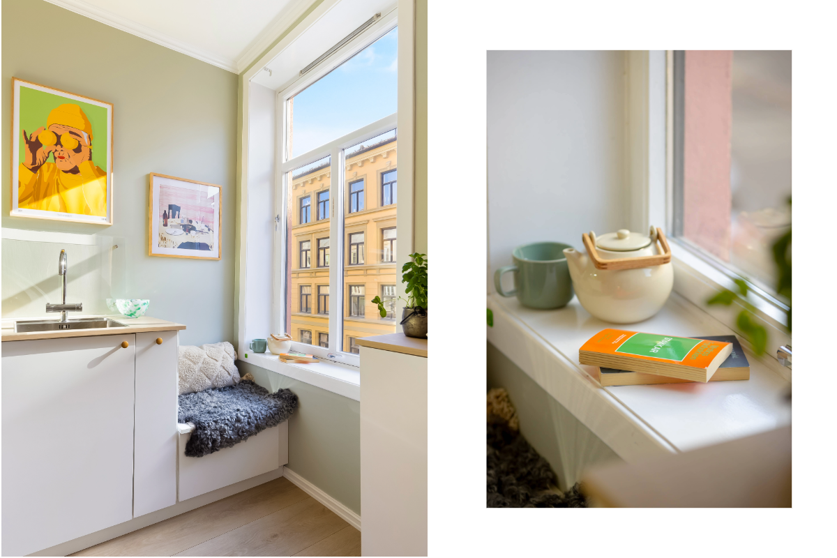 Rikelig med naturlig lys takket være store vinduer, og en egen utkikkspost ved kjøkkenbenken. Galleribilde