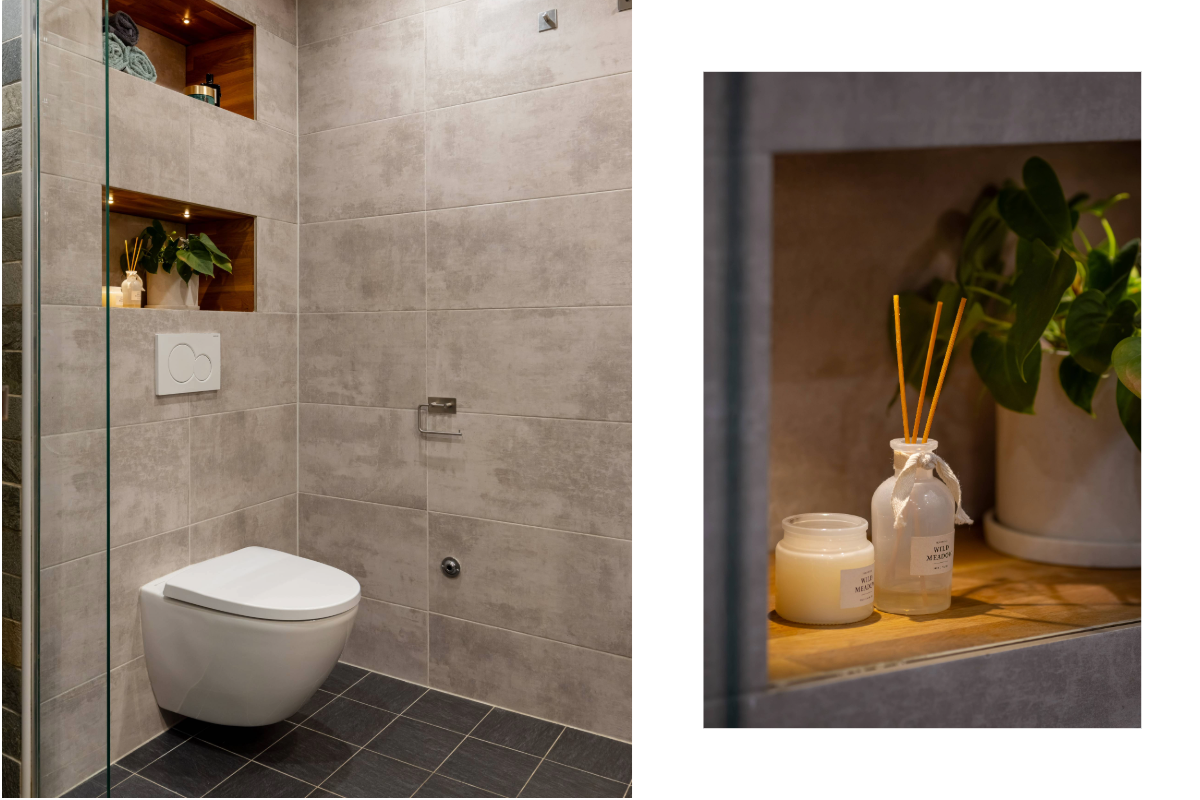 Skreddersydde løsninger med integrerte hyller i flisveggene. Galleribilde