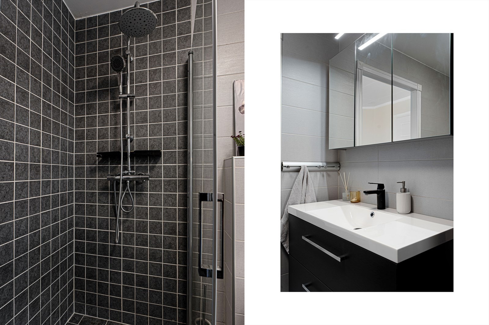 Badet i 1. etasje har fliser på gulv/vegger og er innredet med dusjhjørne, seksjon med heldekkende vask, opplegg for vaskemaskin og vegghengt toalett Galleribilde