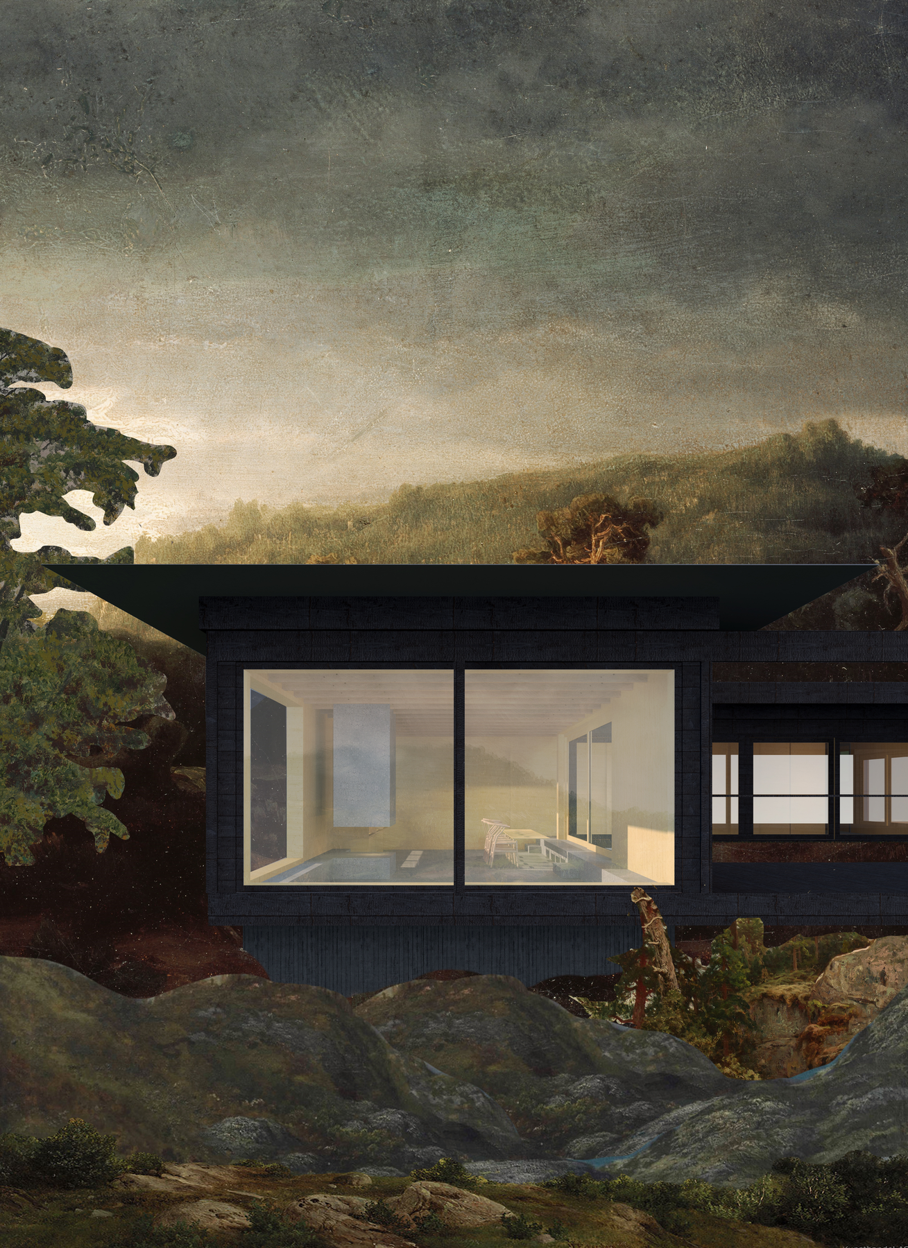 Illustrasjoner av byggegodkjent hytte på tomten. Galleribilde