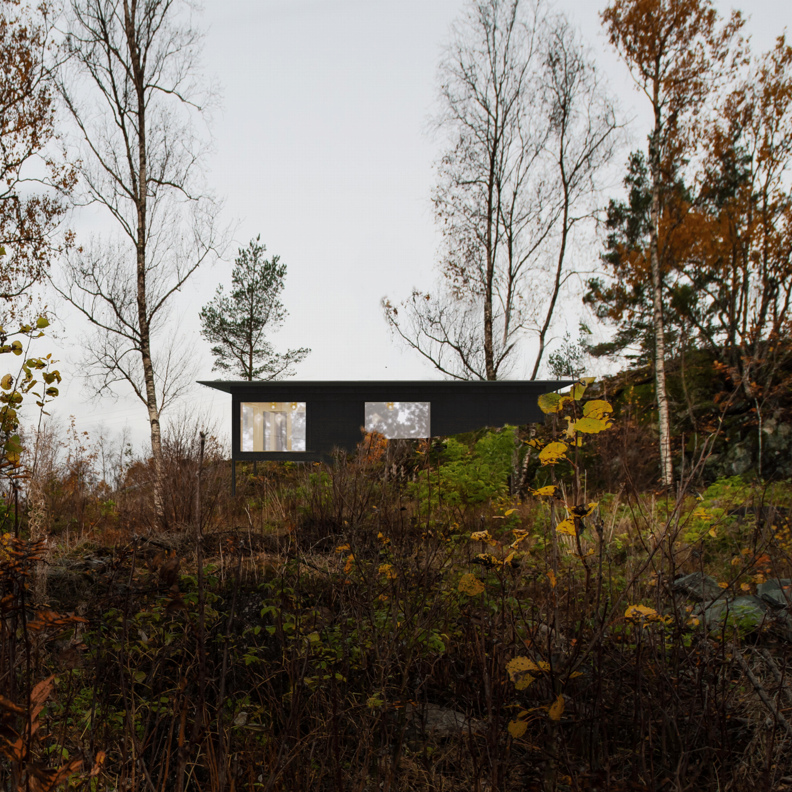 Illustrasjoner av byggegodkjent hytte på tomten. Galleribilde