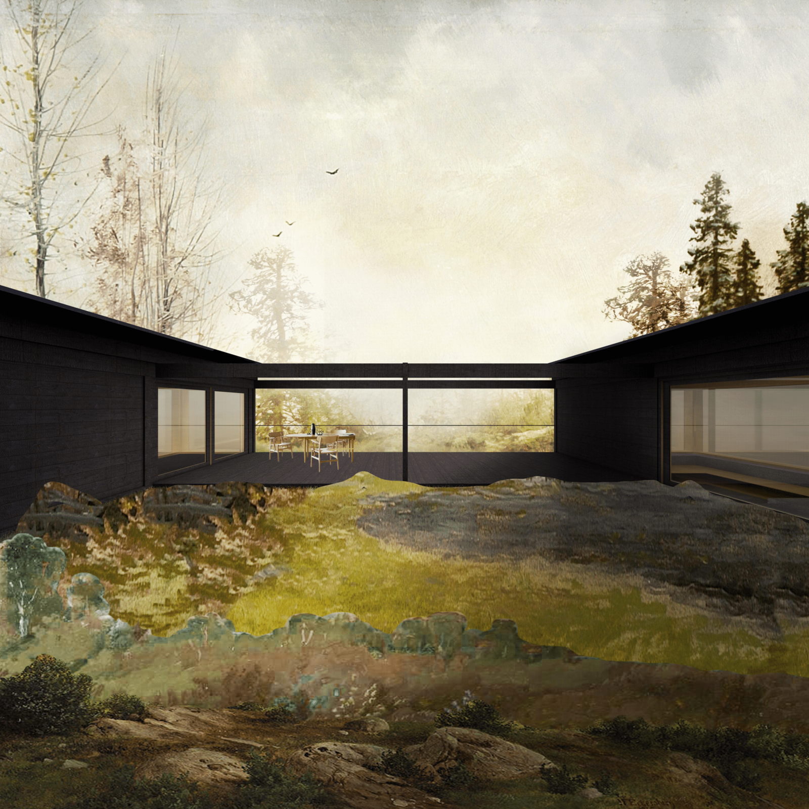 Illustrasjoner av byggegodkjent hytte på tomten. Galleribilde