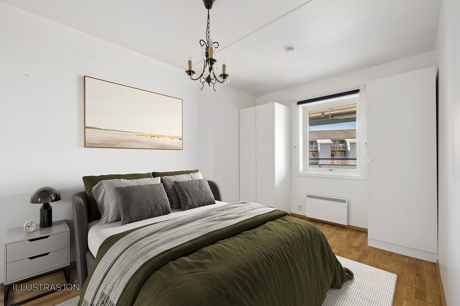 Leiligheten har et lyst og pent soverom i god størrelse (Digitalt stylet bilde) Galleribilde