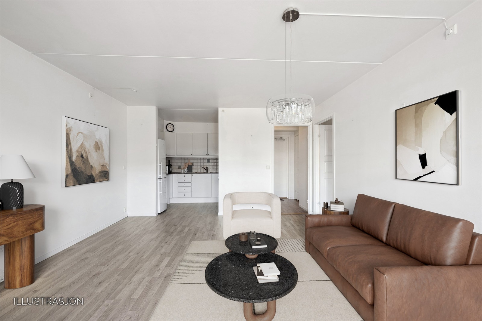 Stue og kjøkken i åpen løsning (Digitalt stylet bilde) Galleribilde