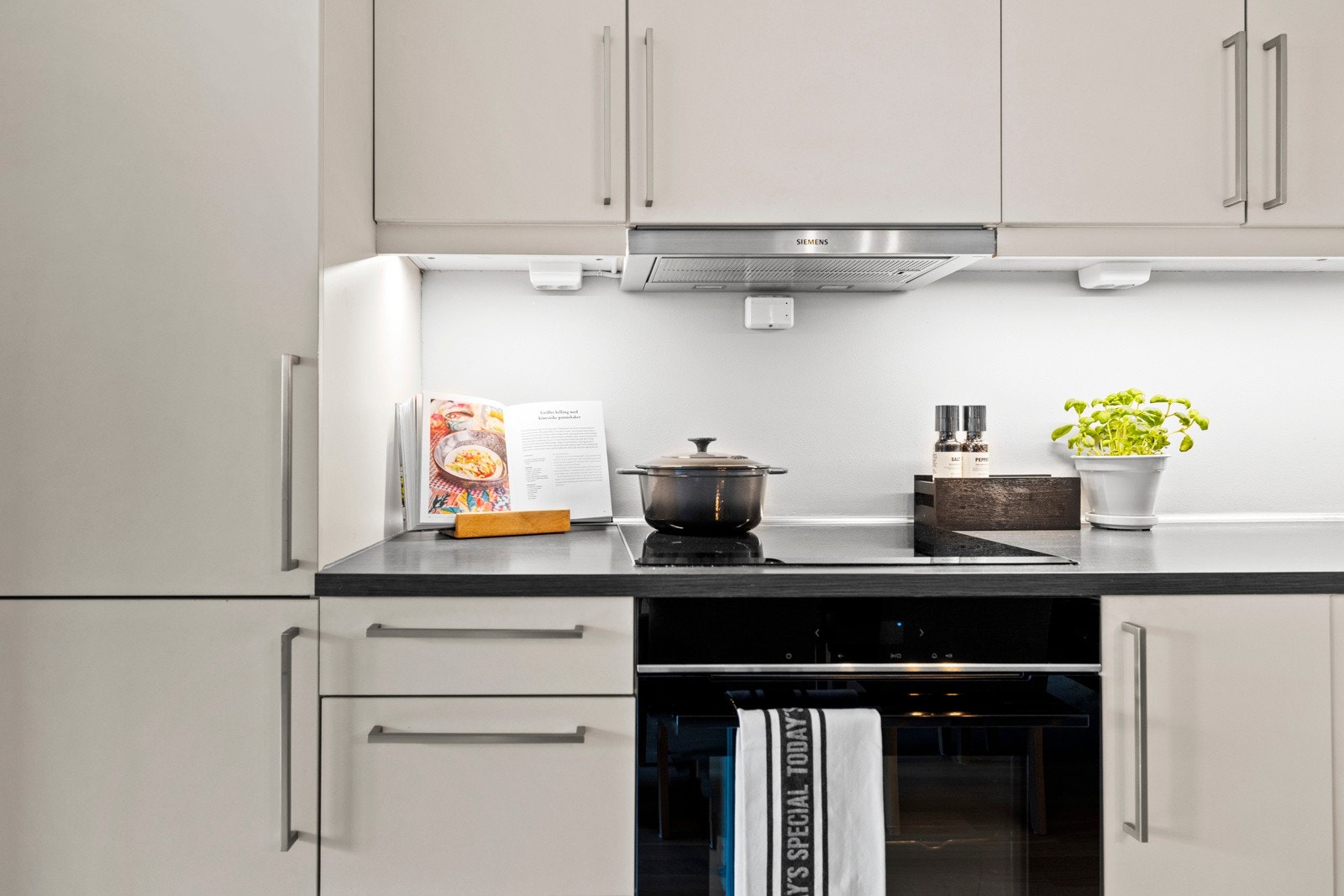 Integrerte hvitevarer som stekeovn, platetopp, oppvaskmaskin og kjøl/frys. Galleribilde