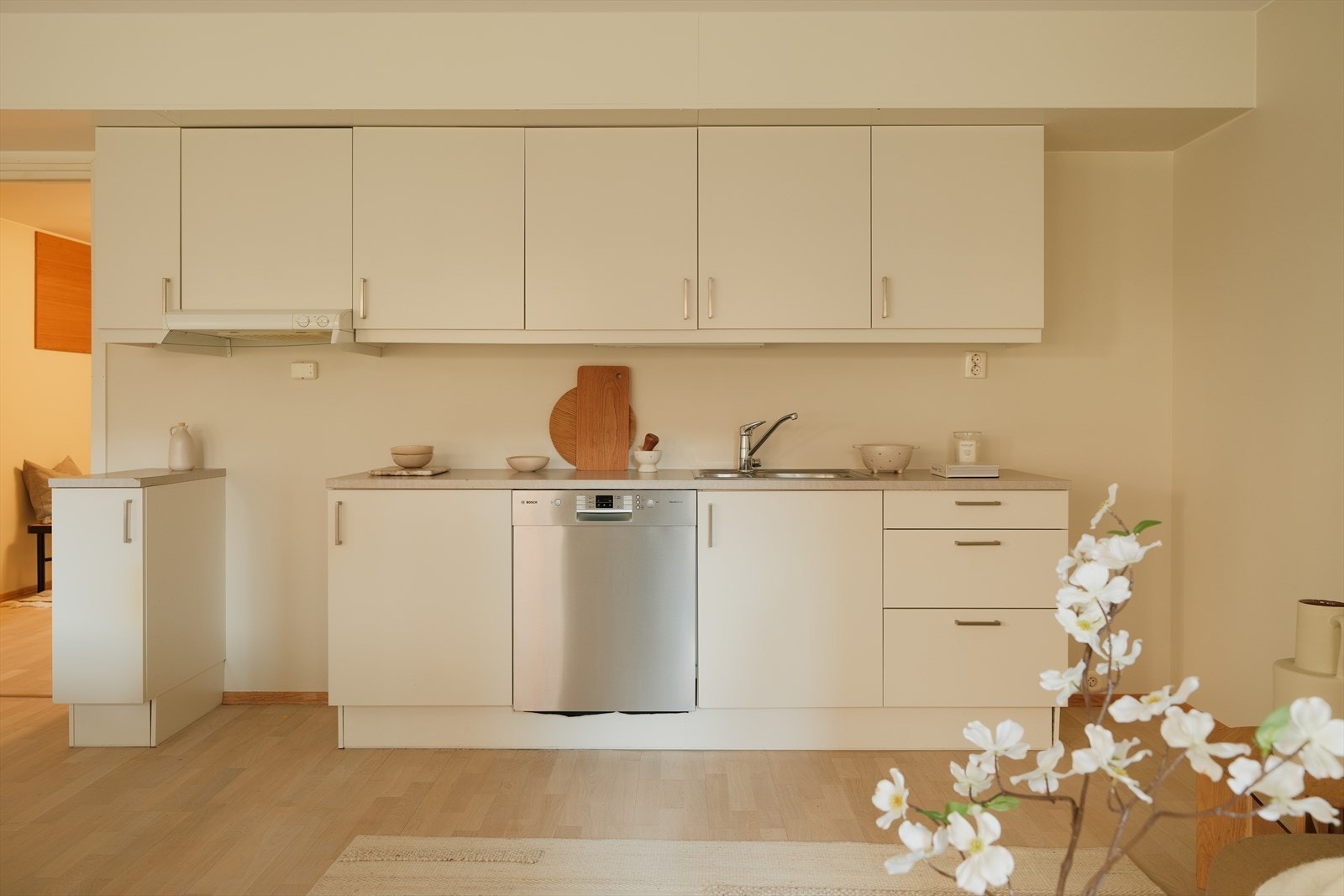 Det er opplegg for oppvaskmaskin, komfyr og det er tilkoblet en ventilator over kokeplass. Galleribilde