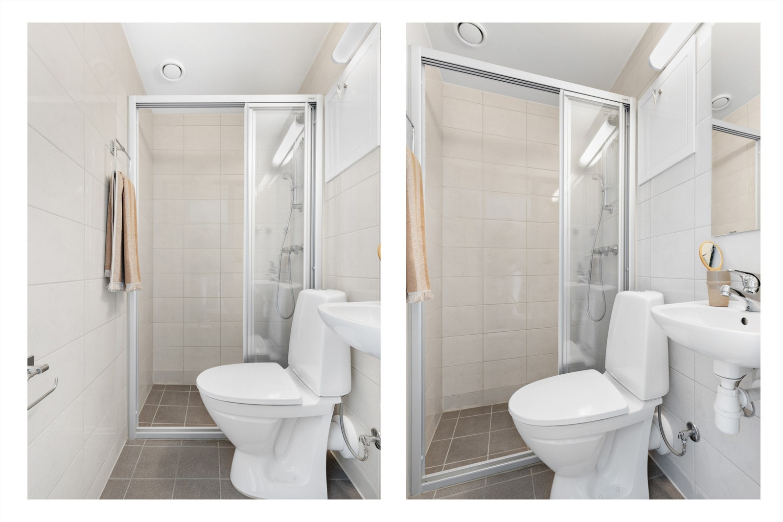 Badet er pent flislagt på gulv og vegger med elektrisk varme i gulvet. Badet er innredet med klosett, servant og dusjhjørne med skyvbare glassdører. Galleribilde