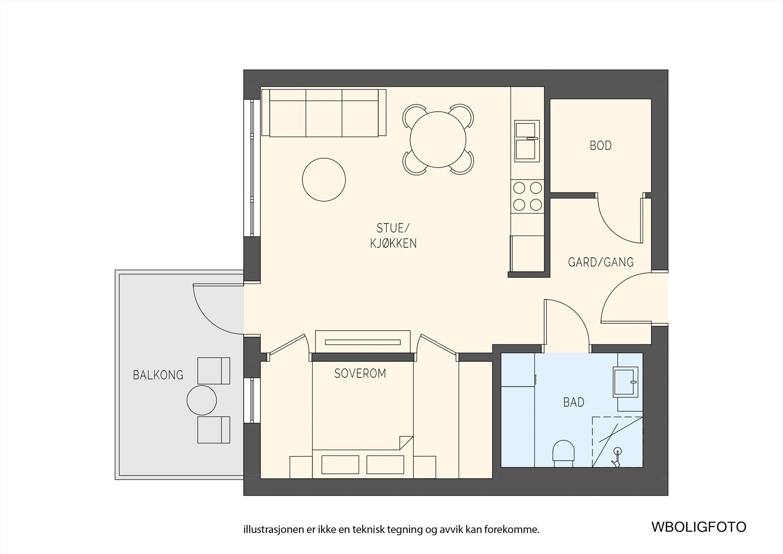 Plantegning - Leiligheten er på 49 kvm, fremstår svært arealeffektiv og inneholder entré, bad, stue, kjøkken, soverom og en bod/teknisk rom. Galleribilde