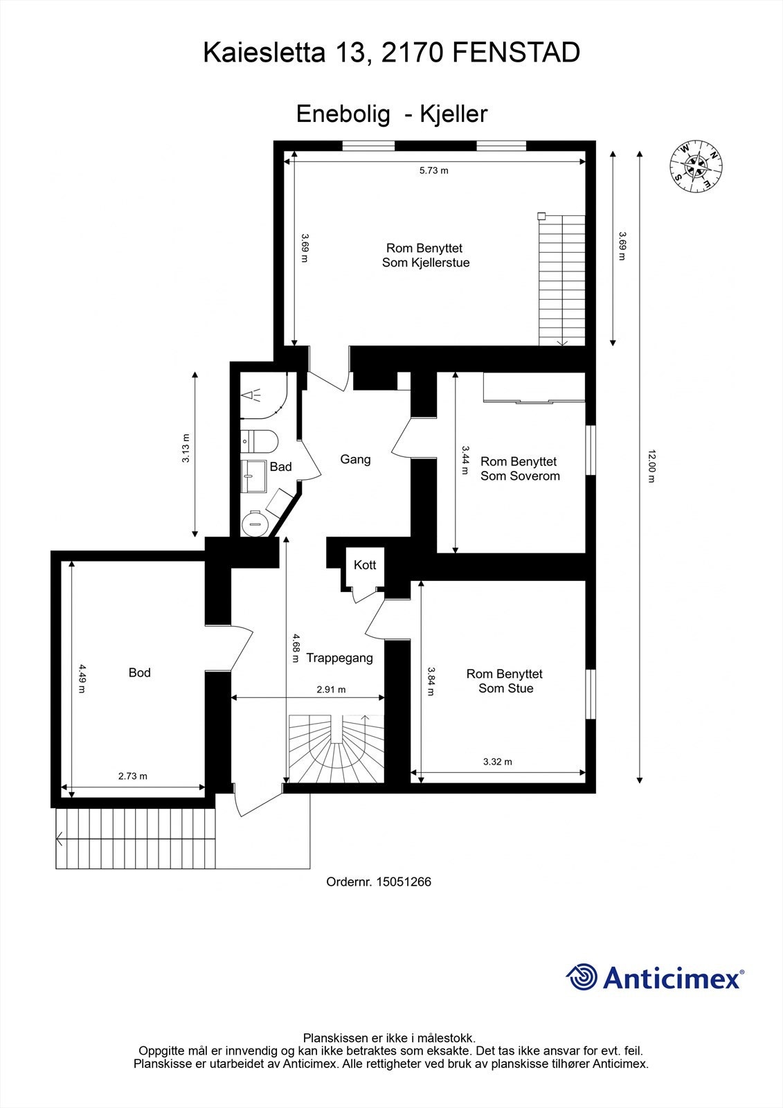 Plantegning med innvendige mål og himmelretning. Galleribilde