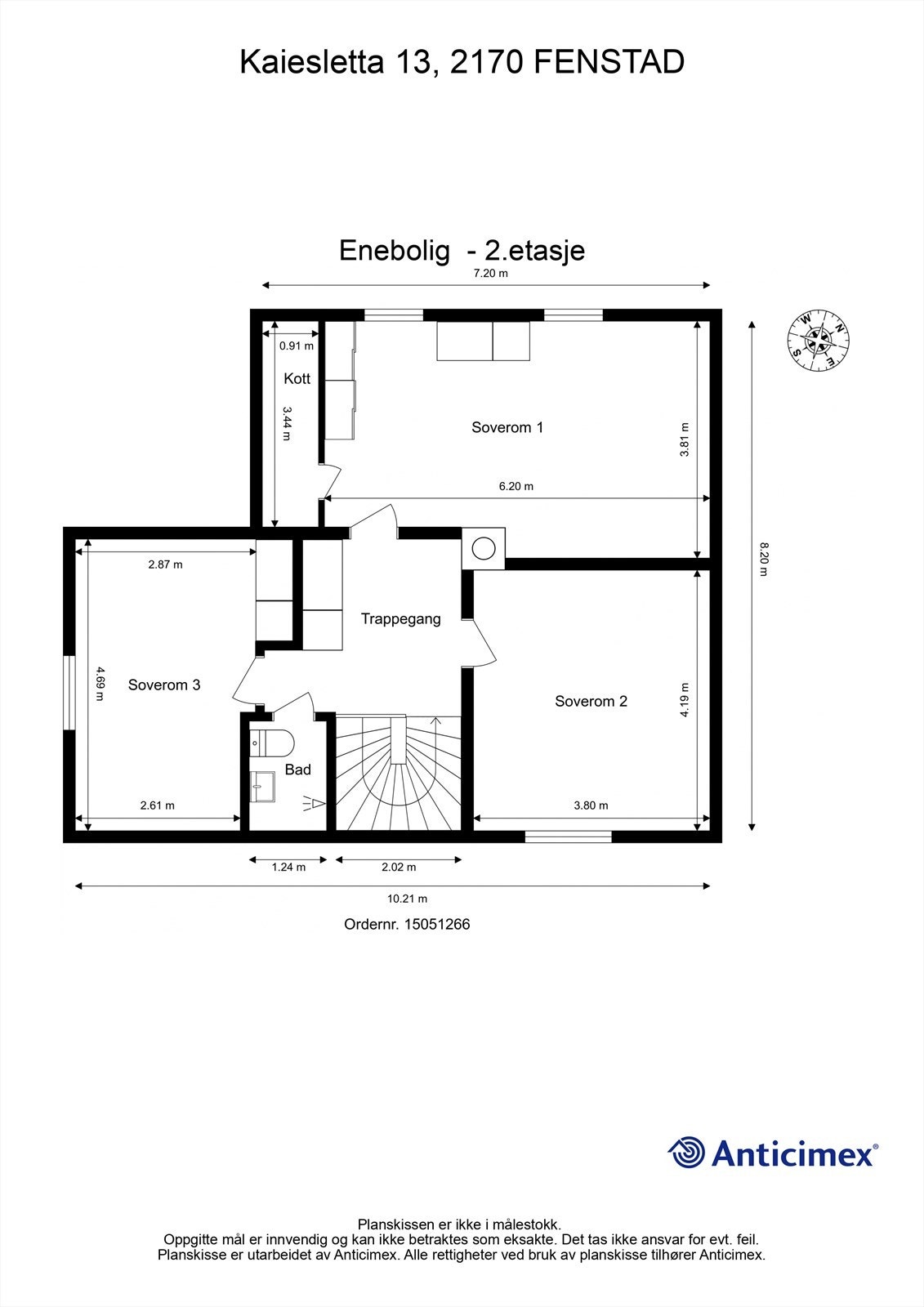 Plantegning med innvendige mål og himmelretning. Galleribilde
