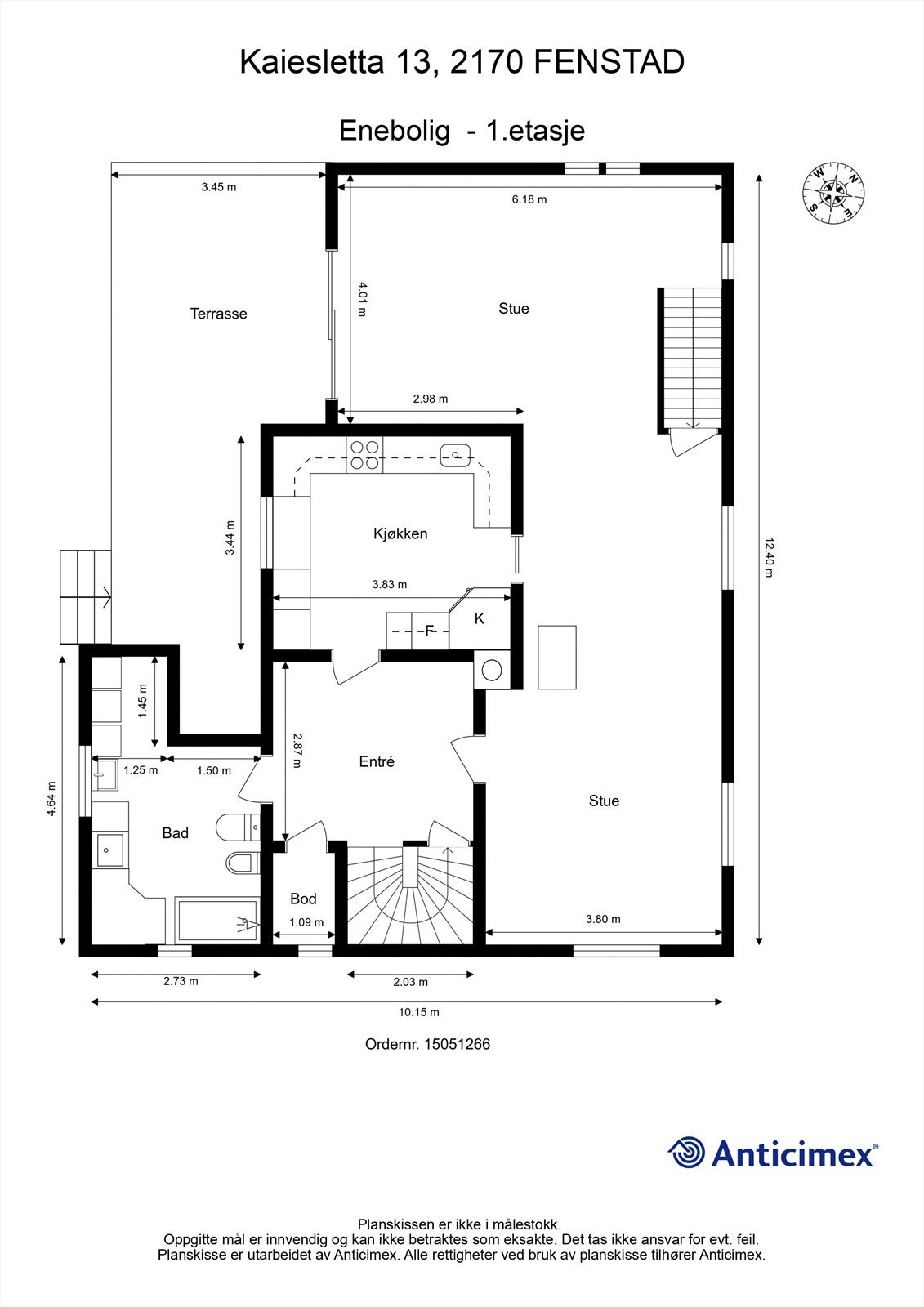 Plantegning med innvendige mål og himmelretning. Galleribilde