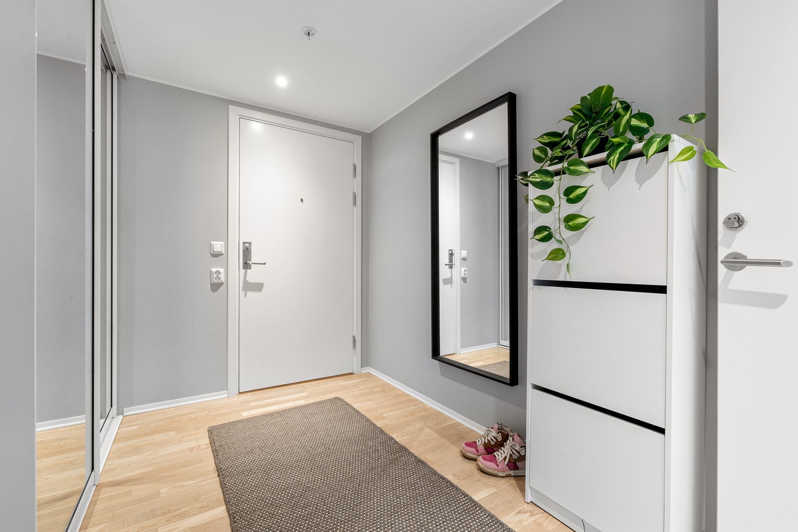 Romslig entrè/gang. Herfra er det inngang til hybel med egen ytterdør og til leiligheten også med egen ytterdør Galleribilde