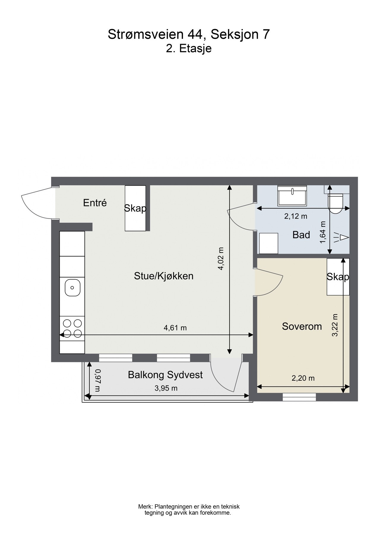 Plantegning. Leiligheten ligger i 2. etasje med vakkert utsyn mot sjarmerende trehusbebyggelse. Galleribilde